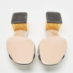 Pre Owned Gucci Silver Leather Cut Out Interlocking G Slide Sandals Size 36