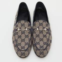 Pre Owned Gucci Beige/Blue GG Canvas and Leather Jordaan Horsebit Loafers Size 37.5