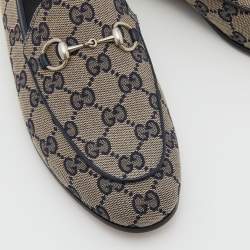 Pre Owned Gucci Beige/Blue GG Canvas and Leather Jordaan Horsebit Loafers Size 37.5