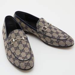 Pre Owned Gucci Beige/Blue GG Canvas and Leather Jordaan Horsebit Loafers Size 37.5