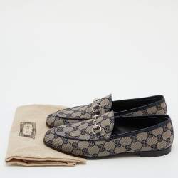 Pre Owned Gucci Beige/Blue GG Canvas and Leather Jordaan Horsebit Loafers Size 37.5