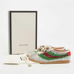 Gucci Silver Glitter Falacer Web Pearl Embellished Bee Low Top Sneakers Size 40.5