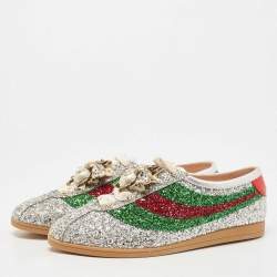 Gucci Silver Glitter Falacer Web Pearl Embellished Bee Low Top Sneakers Size 40.5