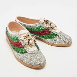 Gucci Silver Glitter Falacer Web Pearl Embellished Bee Low Top Sneakers Size 40.5
