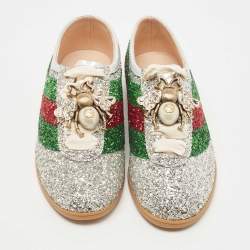 Gucci Silver Glitter Falacer Web Pearl Embellished Bee Low Top Sneakers Size 40.5