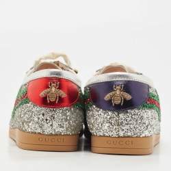 Gucci Silver Glitter Falacer Web Pearl Embellished Bee Low Top Sneakers Size 40.5