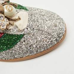Gucci Silver Glitter Falacer Web Pearl Embellished Bee Low Top Sneakers Size 40.5