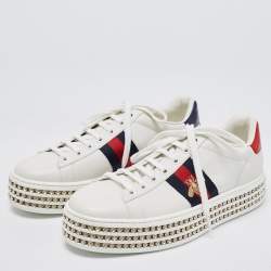 Gucci White Leather Embroidered Bee Crystal Embellished Platform New Ace Sneakers Size 38