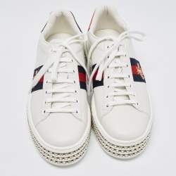 Gucci White Leather Embroidered Bee Crystal Embellished Platform New Ace Sneakers Size 38