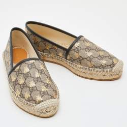 Pre Owned Gucci Beige/Black GG Supreme Canvas and Leather Bee Espadrilles Size 36