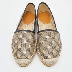 Pre Owned Gucci Beige/Black GG Supreme Canvas and Leather Bee Espadrilles Size 36