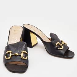 Gucci Black Leather Horsebit Block Heel Slide Sandals Size 42