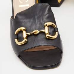 Gucci Black Leather Horsebit Block Heel Slide Sandals Size 42