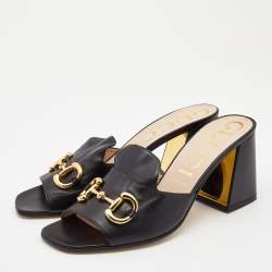 Gucci Black Leather Horsebit Block Heel Slide Sandals Size 42