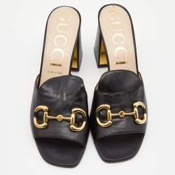 Gucci Black Leather Horsebit Block Heel Slide Sandals Size 42