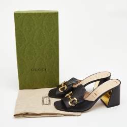 Gucci Black Leather Horsebit Block Heel Slide Sandals Size 42