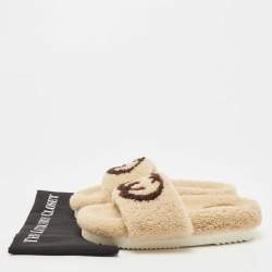 Gucci Beige Shearling Fur Interlocking G Slides Size 38