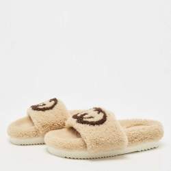 Gucci Beige Shearling Fur Interlocking G Slides Size 38