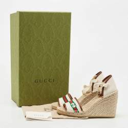 Gucci Cream Canvas and leather Web Espadrille Wedge Sandals Size 36.5