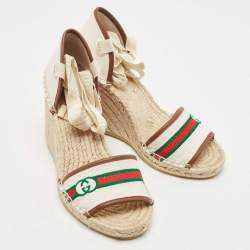 Gucci Cream Canvas and leather Web Espadrille Wedge Sandals Size 36.5