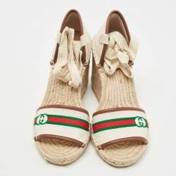 Gucci Cream Canvas and leather Web Espadrille Wedge Sandals Size 36.5