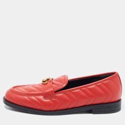 Pre Owned Gucci Red Leather Double G Loafers Size 39