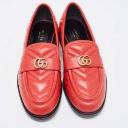 Pre Owned Gucci Red Leather Double G Loafers Size 39