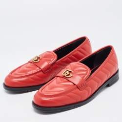 Pre Owned Gucci Red Leather Double G Loafers Size 39
