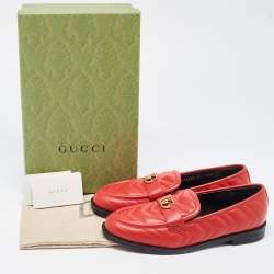 Pre Owned Gucci Red Leather Double G Loafers Size 39