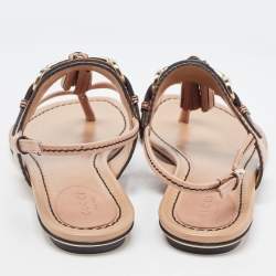 Pre Owned Gucci Brown Leather T-Strap Flat Sandals Size 37.5