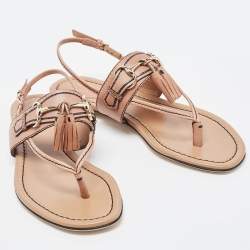 Pre Owned Gucci Brown Leather T-Strap Flat Sandals Size 37.5
