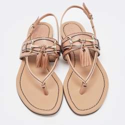 Pre Owned Gucci Brown Leather T-Strap Flat Sandals Size 37.5