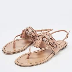 Pre Owned Gucci Brown Leather T-Strap Flat Sandals Size 37.5