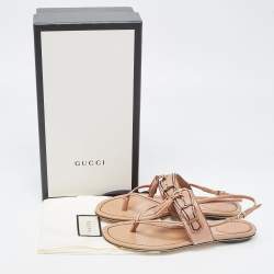 Pre Owned Gucci Brown Leather T-Strap Flat Sandals Size 37.5