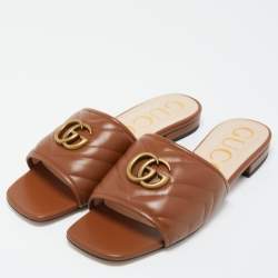 Pre Owned Gucci Brown Leather Jolie Mules Size 38.5