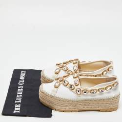 Gucci White Canvas Crystal Embellished Platform Espadrille Flats Size 38
