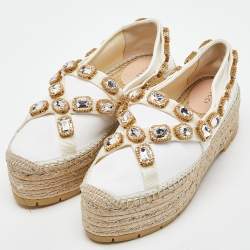 Gucci White Canvas Crystal Embellished Platform Espadrille Flats Size 38