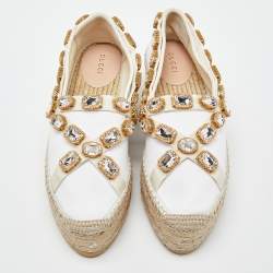 Gucci White Canvas Crystal Embellished Platform Espadrille Flats Size 38