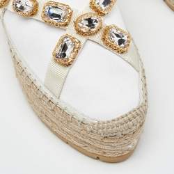 Gucci White Canvas Crystal Embellished Platform Espadrille Flats Size 38