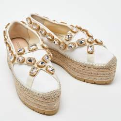 Gucci White Canvas Crystal Embellished Platform Espadrille Flats Size 38