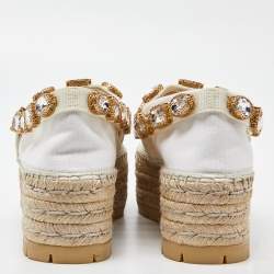 Gucci White Canvas Crystal Embellished Platform Espadrille Flats Size 38