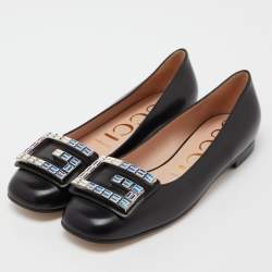 Gucci Black Leather Crystal Embellished G Ballet Flats Size 37