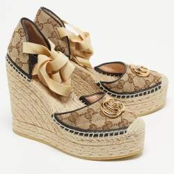 Gucci Brown GG Canvas Wedge Espadrille Sandals Size 36