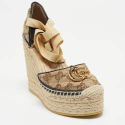 Gucci Brown GG Canvas Wedge Espadrille Sandals Size 36