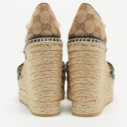Gucci Brown GG Canvas Wedge Espadrille Sandals Size 36