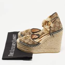 Gucci Brown GG Canvas Wedge Espadrille Sandals Size 36