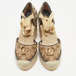 Gucci Brown GG Canvas Wedge Espadrille Sandals Size 36