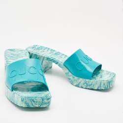 Gucci Green Rubber Marble Detail Block Heel Slide Sandals Size 40