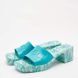 Gucci Green Rubber Marble Detail Block Heel Slide Sandals Size 40