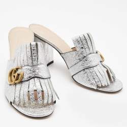 Gucci Silver Foil Leather GG Marmont Slide Sandals Size 41